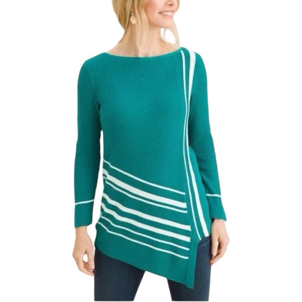 Chico’s Asymmetrical Hem Striped Tunic Sweater Cotton Blend Jade White Large